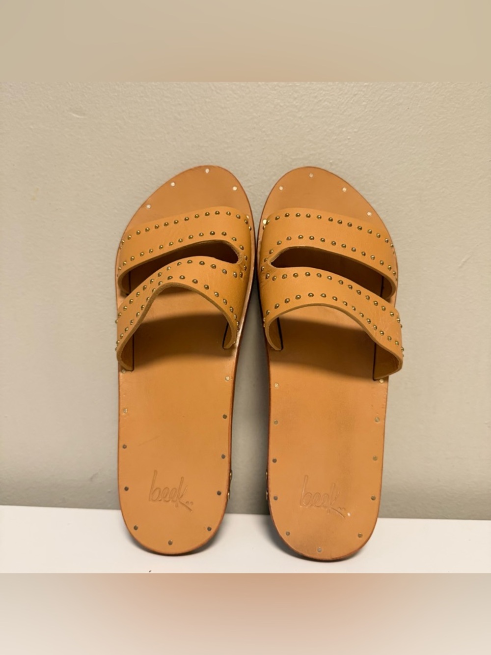 Beek Dunlin Honey Leather Studded Slide Sandals Women’s US 8